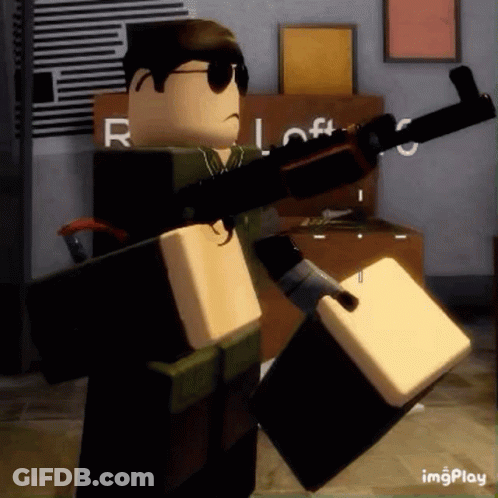 Roblox Character Holding Gun And Box In Room GIF