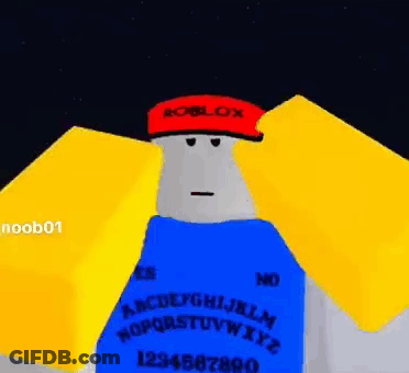 Roblox Character In Blue Shirt And Red Hat Holding Ouija Board GIF