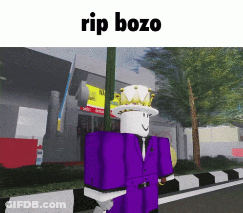 Roblox Character In Purple Suit And White Hat Saying Rip Bozo GIF