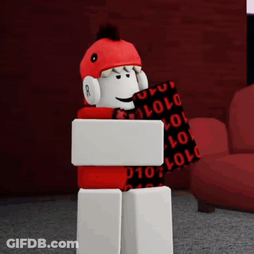 Roblox Character Red Hat Headphones Holding Olo Pillow GIF