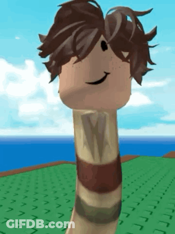 Roblox Character With Long Neck And Brown Hair On Green Field GIF