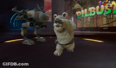 Robot And Teddy Bear In Front Of Pilbus Sign GIF