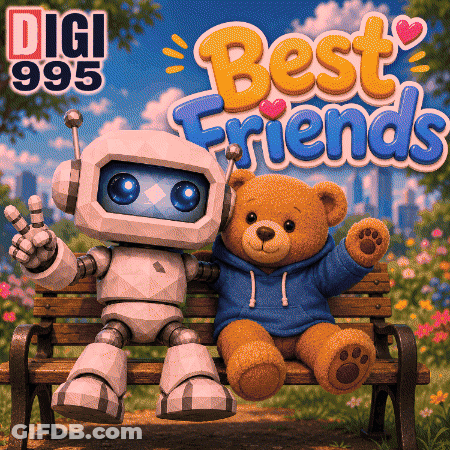 Robot And Teddy Bear Sitting On Bench Saying Best Friends GIF