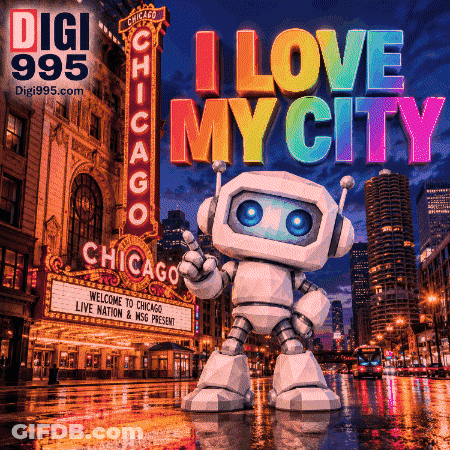 Robot At Chicago Sign Saying I Love My City GIF