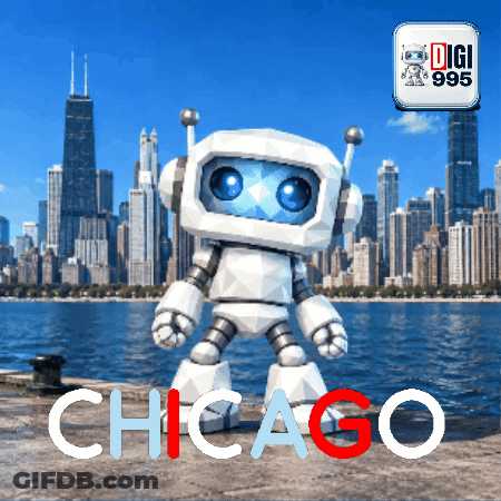 Robot At Chicago Skyline GIF