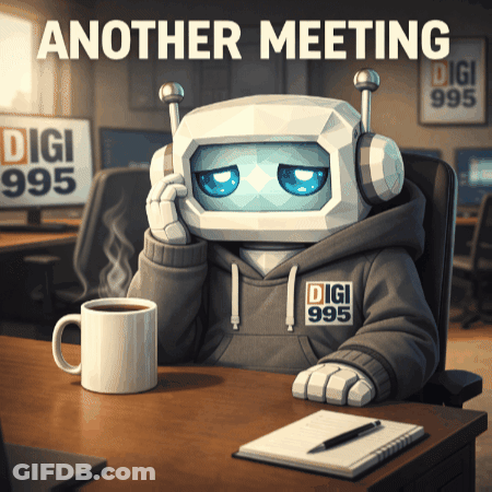 Robot At Desk With Coffee Notebook Another Meeting GIF