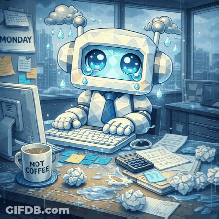 Robot At Desk With Coffee Saying Not Coffee GIF