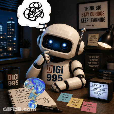 Robot At Desk With Digi 995 Mug GIF