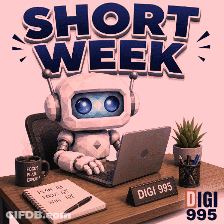 Robot At Desk With Laptop And Digi 995 Sign GIF