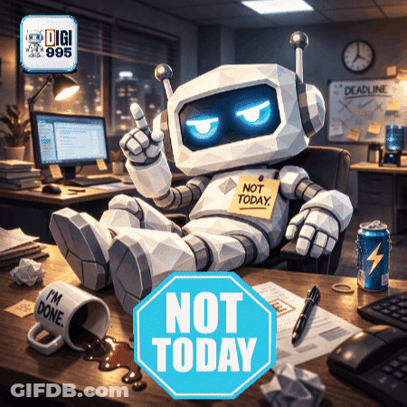 Robot At Desk With Not Today Sticky Note GIF