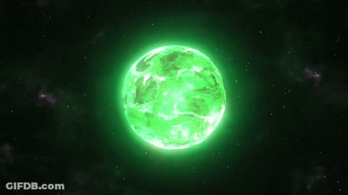 Robot Before Green Glowing Sphere In Space GIF