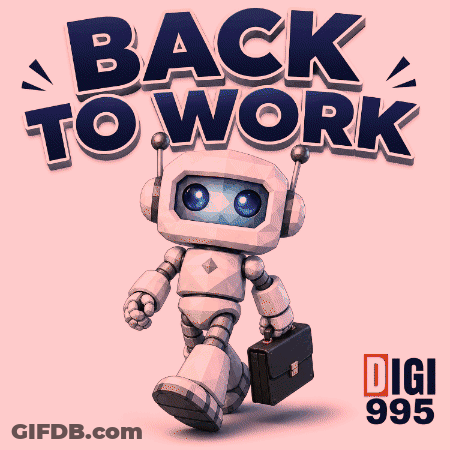 Robot Carrying Briefcase Walking Past Back To Work Sign GIF