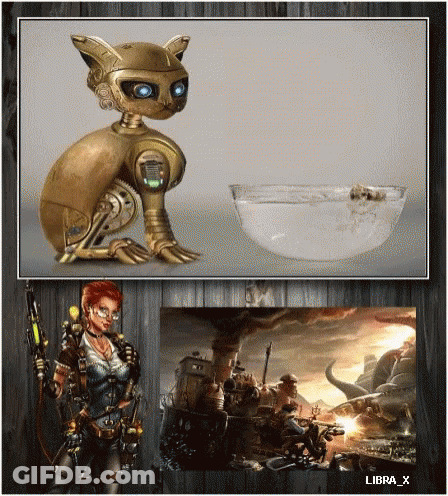 Robot Cat Beside Woman With Gun Libra_x GIF