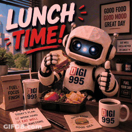 Robot Eating Sandwich In Front Of Lunch Time Sign GIF