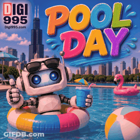 Robot Floating In Pool Holding Drink And Thumbs Up GIF