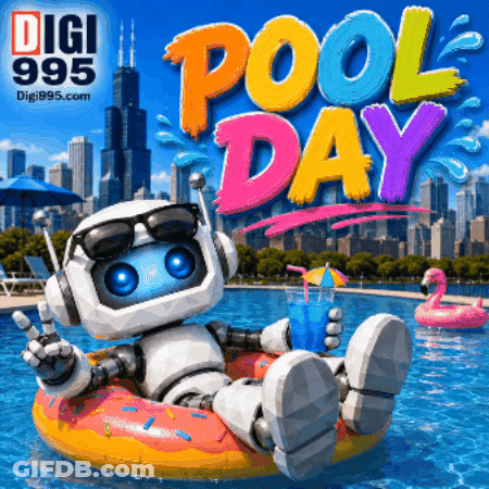 Robot Floating On Donut For Pool Day GIF