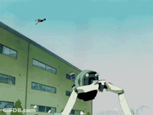 Robot Flying Above Building GIF