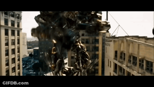 Robot Flying In Front Of City Building GIF