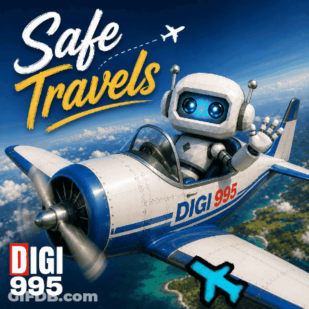 Robot Flying Plane Saying Safe Travels GIF