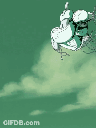 Robot Flying Through Air With Rock In Background GIF