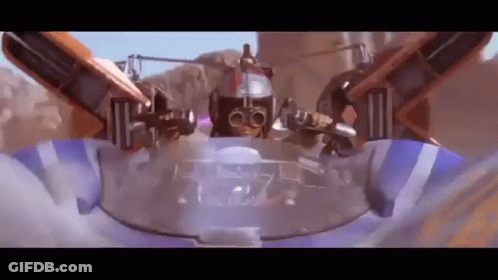 Robot Flying Through Futuristic Spaceship GIF