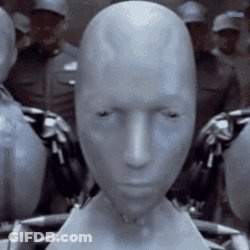Robot Head Close Up In Front Of Crowd GIF