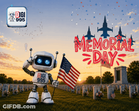 Robot Holding American Flag In Cemetery Saying Memorial Day GIF