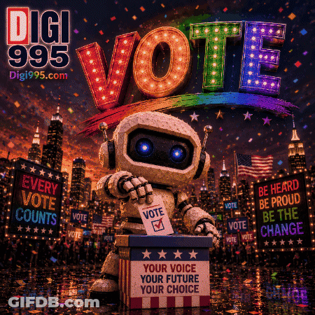 Robot Holding Ballot Saying Vote GIF