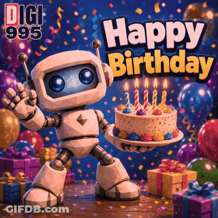 Robot Holding Birthday Cake Saying Happy Birthday GIF