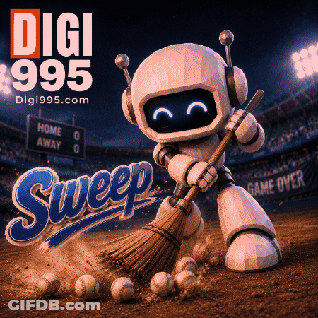 Robot Holding Broom In Front Of Digi 995 Sweep Sign GIF