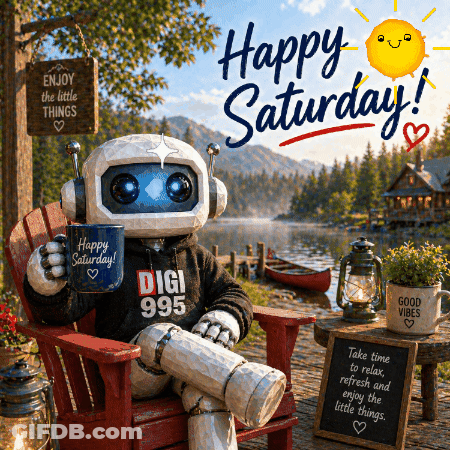 Robot Holding Coffee And Enjoy The Little Things Sign GIF