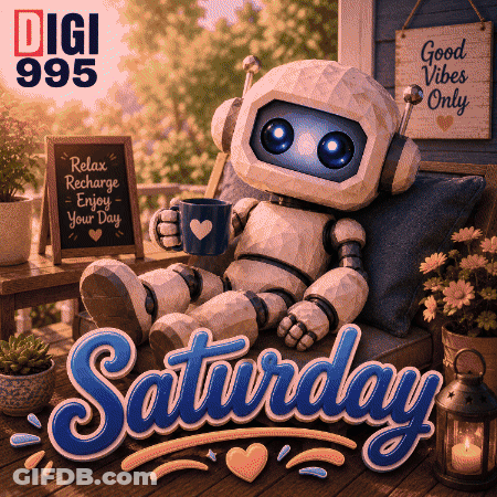 Robot Holding Coffee And Good Vibes Only Sign GIF
