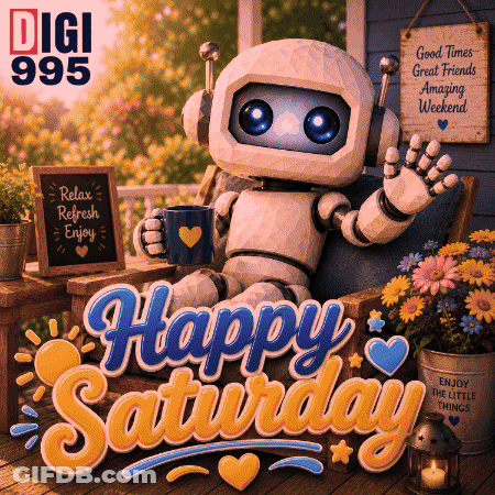 Robot Holding Coffee Happy Saturday GIF