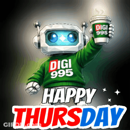 Robot Holding Coffee Saying Happy Thursday GIF