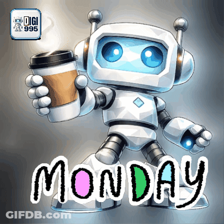 Robot Holding Coffee Saying Monday GIF