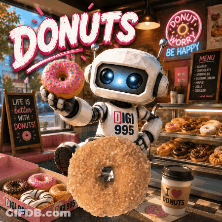 Robot Holding Donut Near Donuts Sign GIF