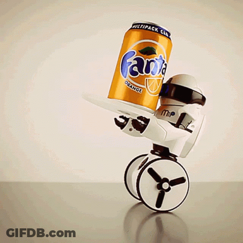 Robot Holding Fanta Orange On Tray GIF