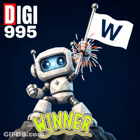 Robot Holding Flag With Fireworks Saying Winner GIF
