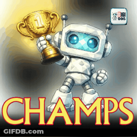 Robot Holding Gold Trophy Saying Champs GIF