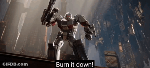 Robot Holding Gun In Front Of City Says Burn It Down GIF
