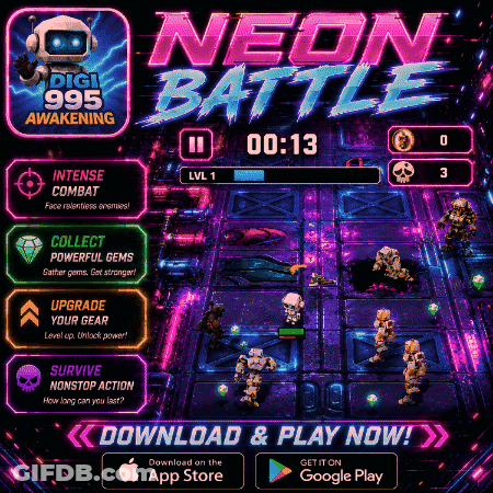 Robot Holding Gun Neon Battle GIF