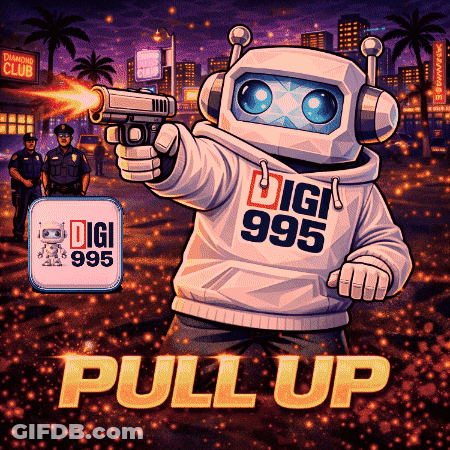 Robot Holding Gun Wearing Digi 995 Sweatshirt GIF
