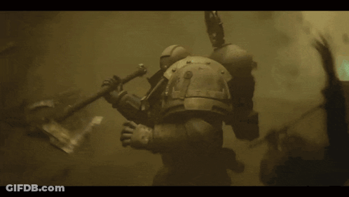 Robot Holding Large Axe In Foggy Area GIF