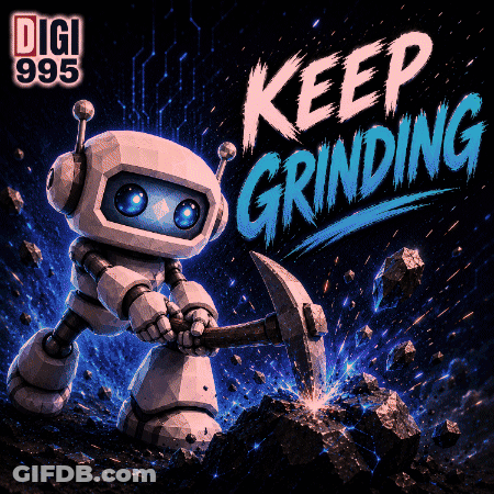 Robot Holding Pickaxe In Front Of Keep Grinding Sign GIF