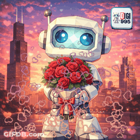 Robot Holding Red Roses GIF
