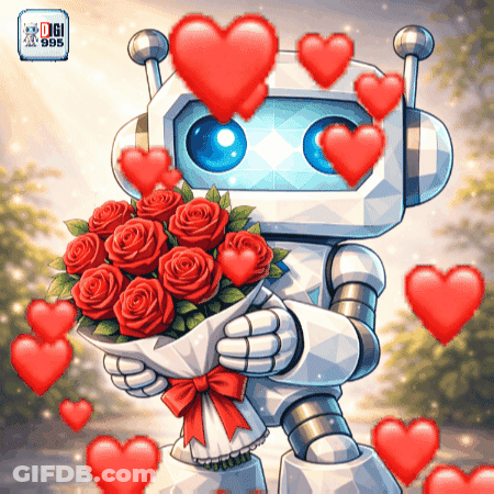 Robot Holding Red Roses With Hearts GIF