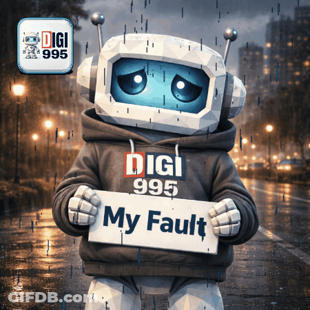 Robot Holding Sign My Fault GIF