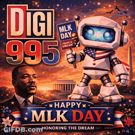 Robot Holding Sign Saying Happy MLK Day GIF