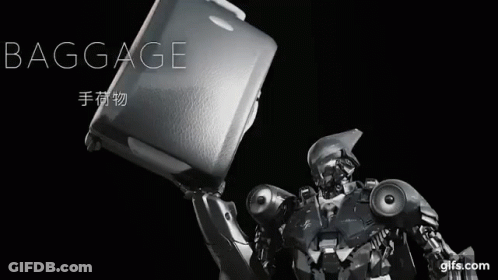 Robot Holding Suitcase Saying Baggage GIF