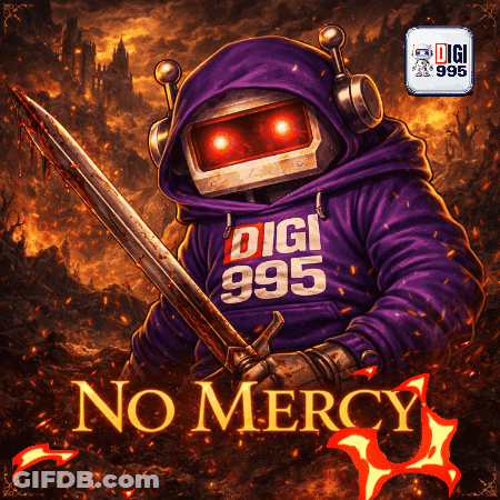 Robot Holding Sword Saying No Mercy GIF